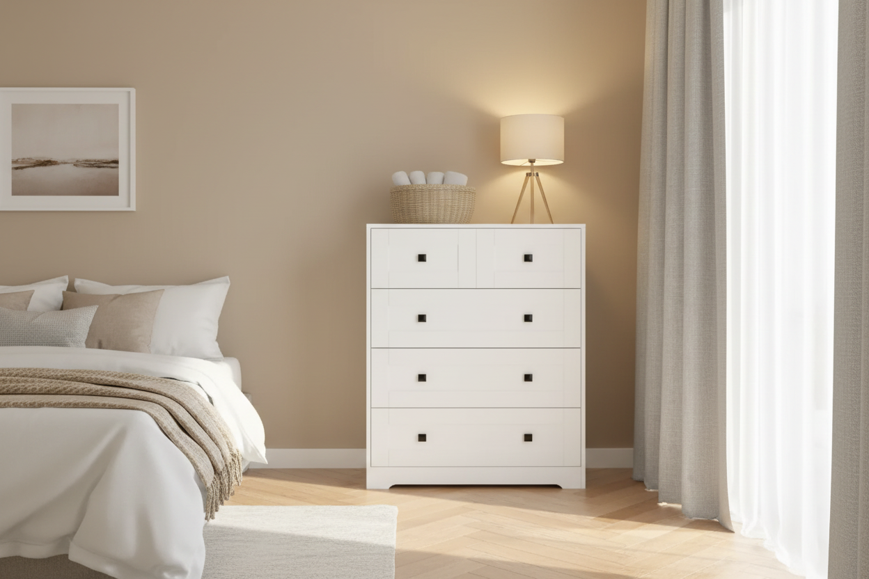White dresser in guest bedroom with minimalist decor and warm ambient lighting