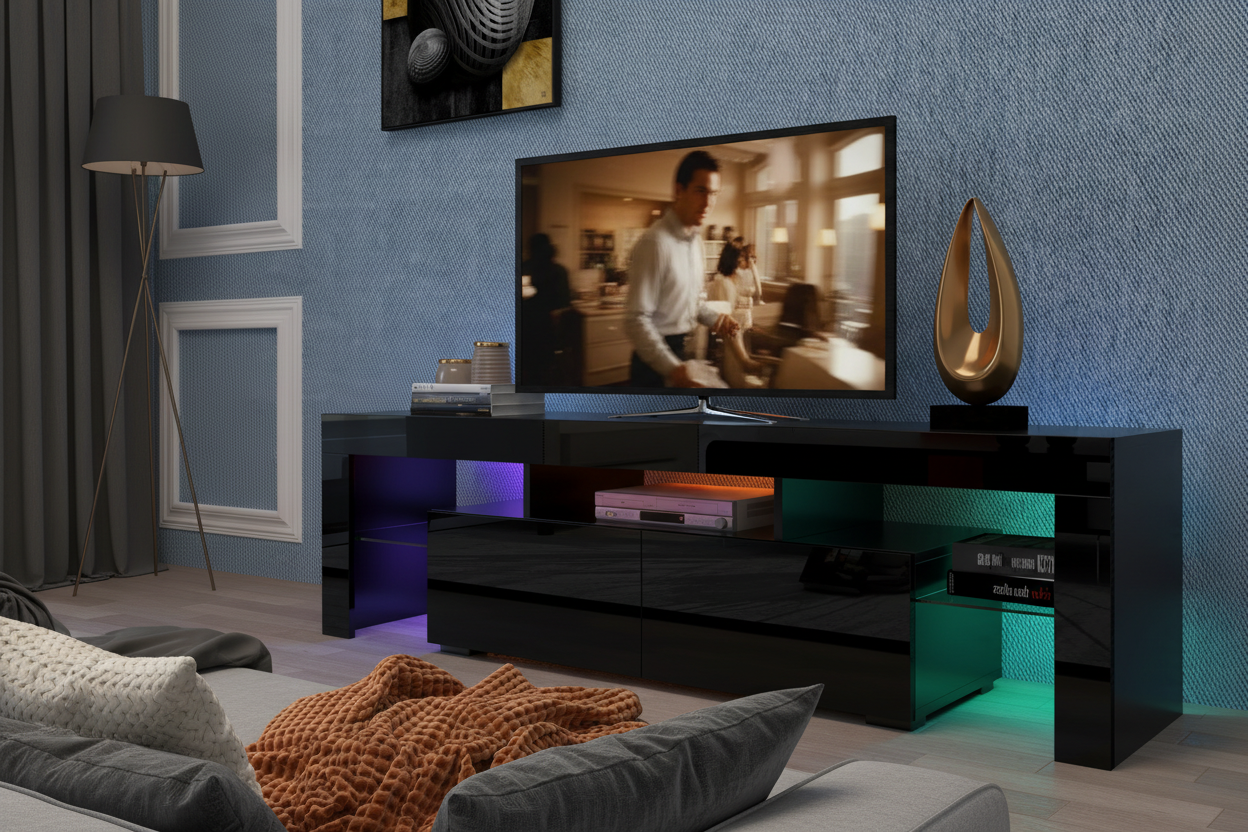 TV cabinet with multi-color LED ambient lighting for movie night atmosphere