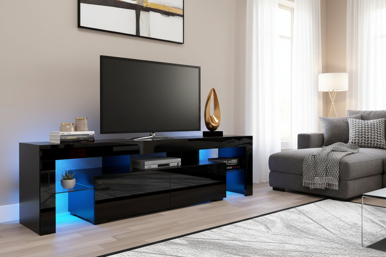 Modern black glossy TV stand with blue LED lights in beautifully styled living room