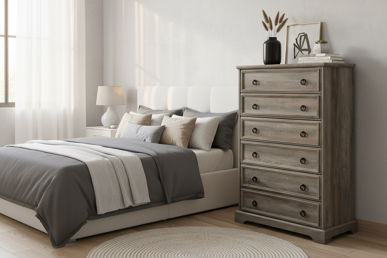 6-drawer dresser styled in modern bedroom with warm natural lighting and decorative items