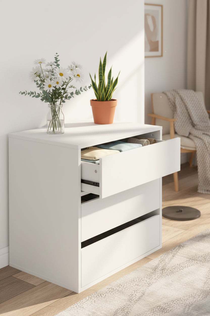 Close-up of white chest with open drawer showing organized storage and plants