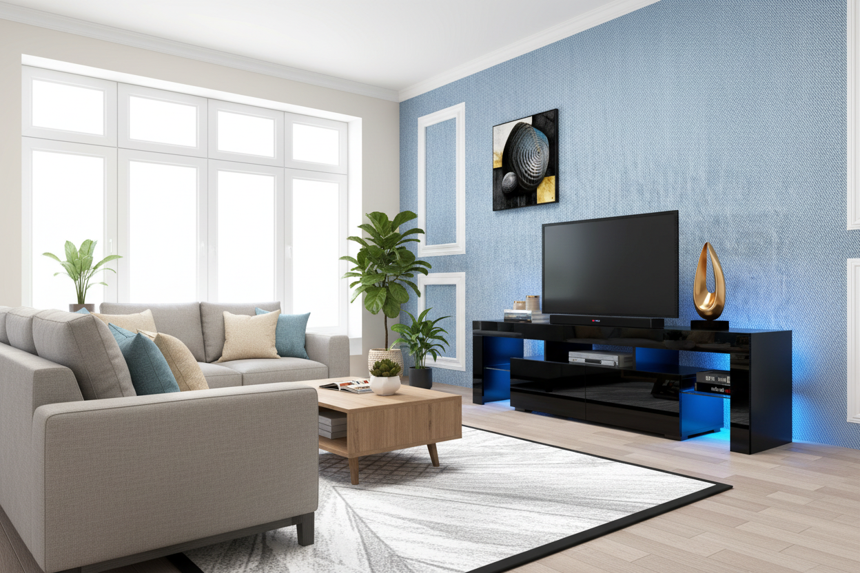 Bright modern living room with black glossy TV stand and natural lighting