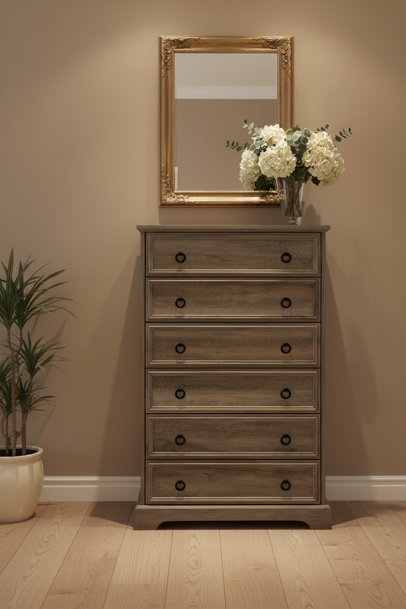 Tall dresser in elegant hallway with mirror and fresh flowers creating welcoming entryway