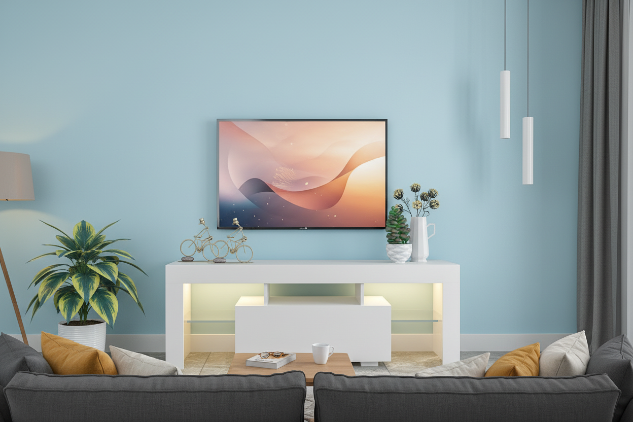 White TV cabinet with LED lights creating cozy evening atmosphere in living room