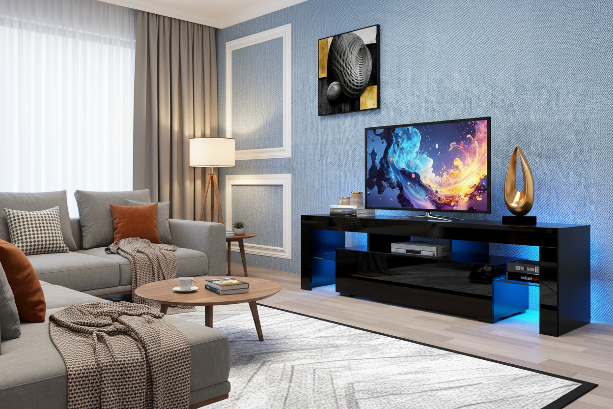 Black TV cabinet with vibrant blue LED lights creating cozy evening atmosphere