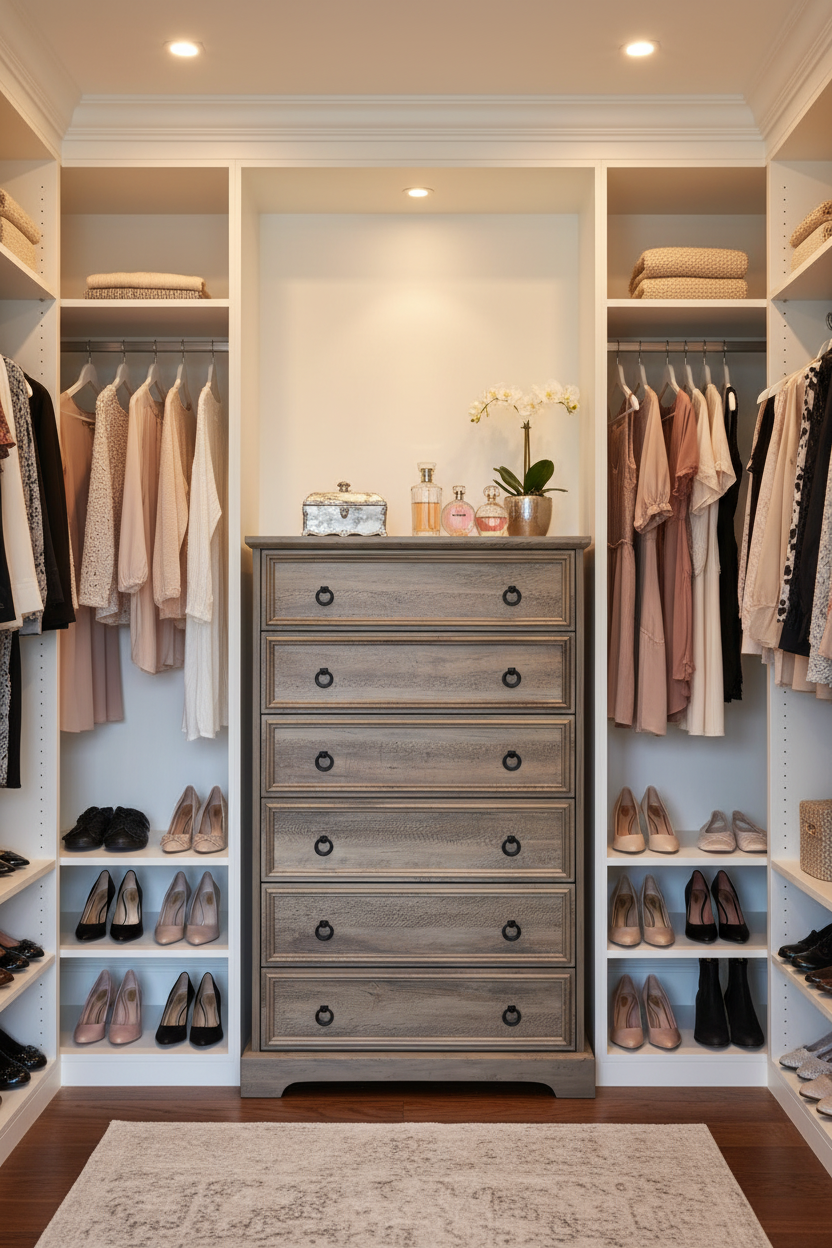 Dresser in beautifully decorated walk-in closet with luxury home interior styling