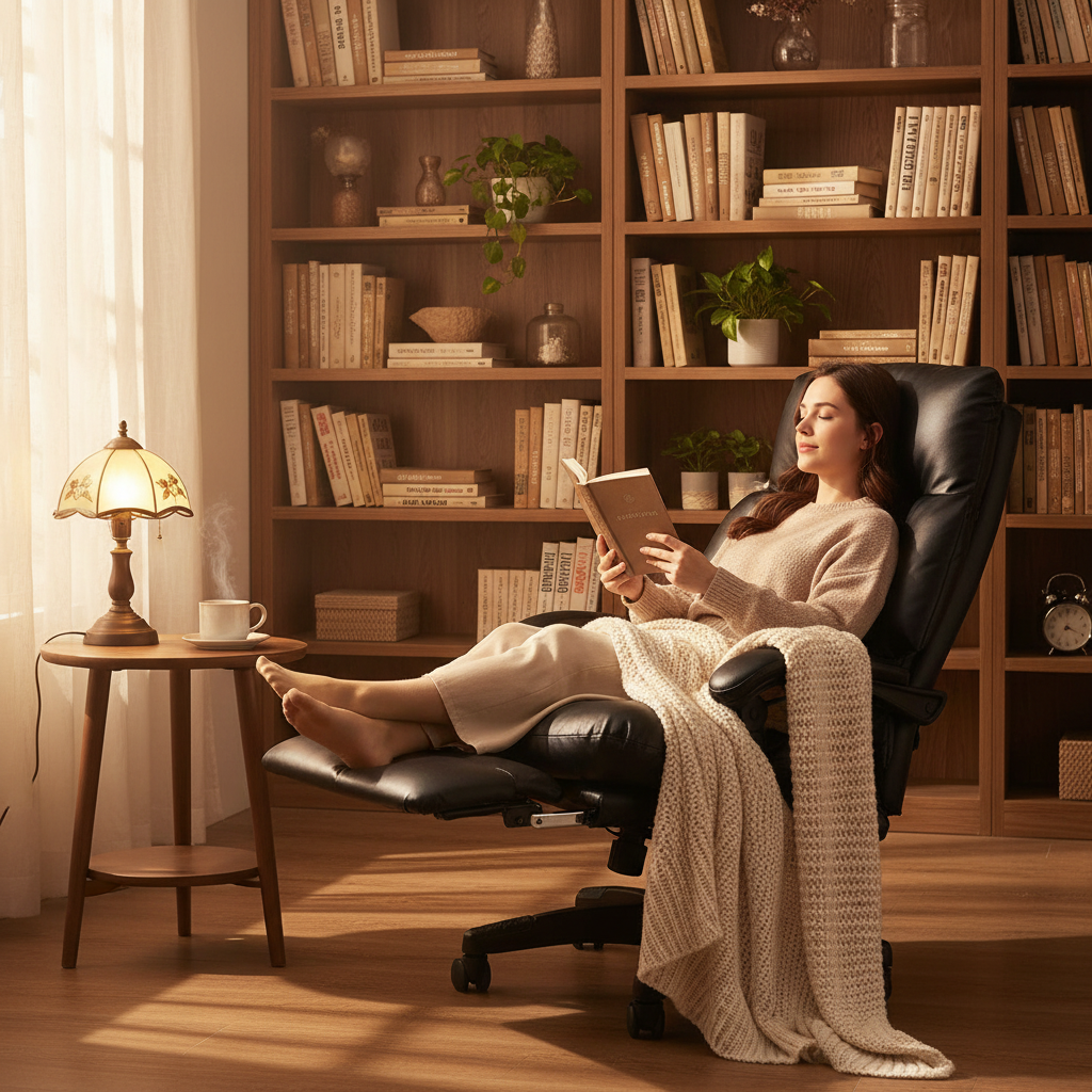 Persona relajada en silla reclinada con reposapiés