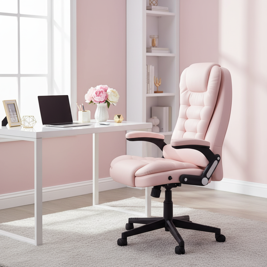 Silla rosa en oficina chic con paleta pastel