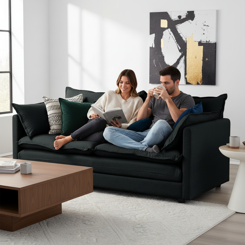 Stylish couple on black loveseat