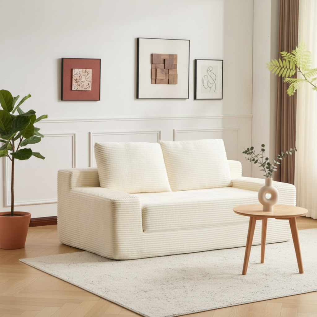 White corduroy loveseat in modern living room