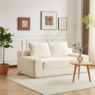 White Corduroy Loveseat Sofa - Deep Seat 2-Seater Couch with Memory Foam, No Assembly