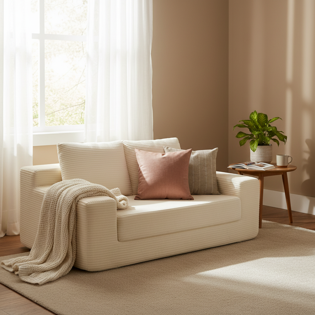 White loveseat in bedroom setting